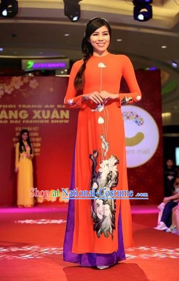 Traditional Top Grade Asian Vietnamese Costumes Classical Printing Flowers Full Dress, Vietnam National Ao Dai Dress Red Silk Qipao for Women