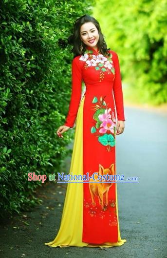 Traditional Top Grade Asian Vietnamese Costumes Classical Printing Wedding Full Dress, Vietnam National Ao Dai Dress Chinese Zodiac Pig Red Qipao for Women