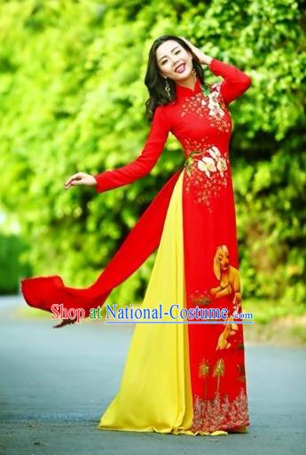 Traditional Top Grade Asian Vietnamese Costumes Classical Printing Wedding Full Dress, Vietnam National Ao Dai Dress Chinese Zodiac Dog Red Qipao for Women