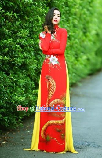 Traditional Top Grade Asian Vietnamese Costumes Classical Printing Wedding Full Dress, Vietnam National Ao Dai Dress Chinese Zodiac Snake Red Qipao for Women