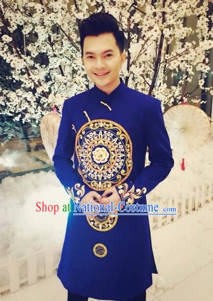 Traditional Top Grade Asian Vietnamese Costumes Classical Hand Printing Wedding Dress, Vietnam National Bridegroom Clothing for Men