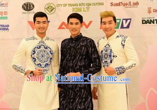 Traditional Top Grade Asian Vietnamese Costumes Classical Hand Printing Wedding Dress, Vietnam National Bridegroom Clothing for Men