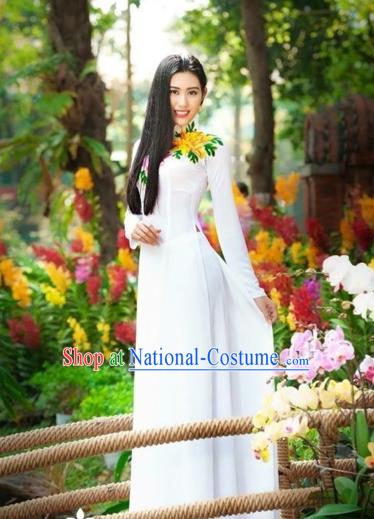 Traditional Top Grade Asian Vietnamese Costumes Classical Printing Flowers Wedding Full Dress, Vietnam National Ao Dai Dress White Qipao for Women