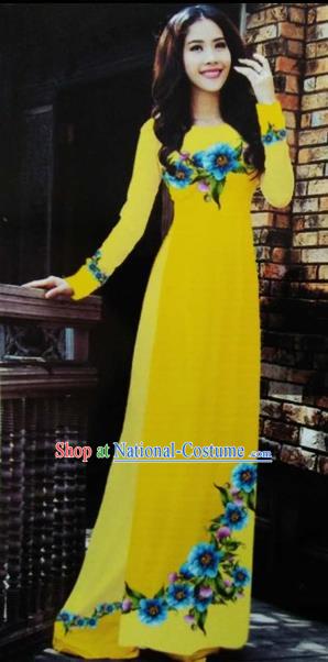 Traditional Top Grade Asian Vietnamese Costumes Classical Printing Wedding Full Dress, Vietnam National Ao Dai Dress Yellow Bride Qipao for Women