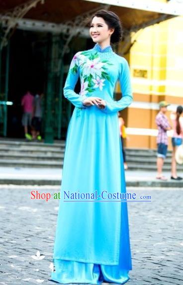 Traditional Top Grade Asian Vietnamese Costumes Classical Printing Wedding Full Dress, Vietnam National Ao Dai Dress Blue Bride Qipao for Women