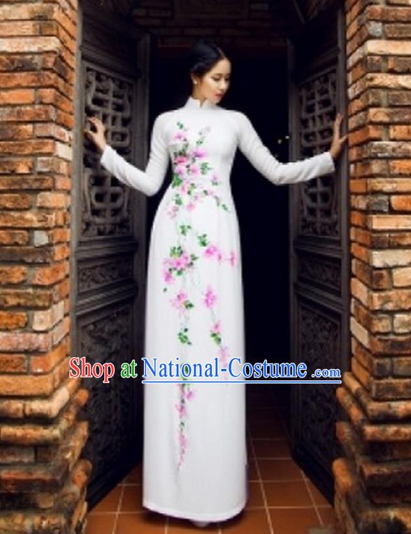 Traditional Top Grade Asian Vietnamese Costumes Classical Printing Full Dress, Vietnam National Ao Dai Dress Catwalks White Qipao for Women