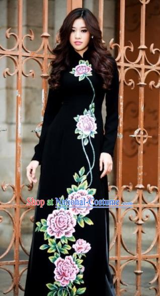 Traditional Top Grade Asian Vietnamese Costumes Classical Printing Full Dress, Vietnam National Ao Dai Dress Catwalks Black Qipao for Women