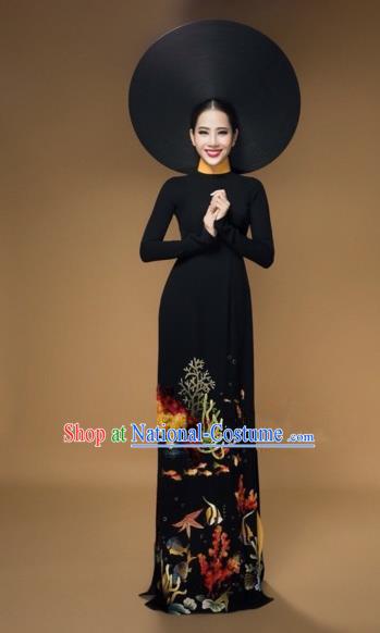 Traditional Top Grade Asian Vietnamese Costumes Classical Printing Full Dress, Vietnam National Ao Dai Dress Catwalks Bride Black Qipao for Women