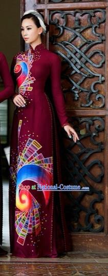 Traditional Top Grade Asian Vietnamese Costumes Classical Hand Painting Wine Red Full Dress, Vietnam National Ao Dai Dress Catwalks Bride Beading Qipao for Women