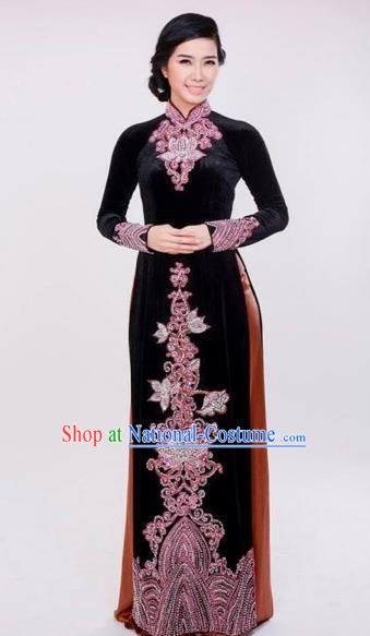 Traditional Top Grade Asian Vietnamese Costumes Classical Black Pleuche Full Dress, Vietnam National Ao Dai Dress Catwalks Dowager Beading Qipao for Women