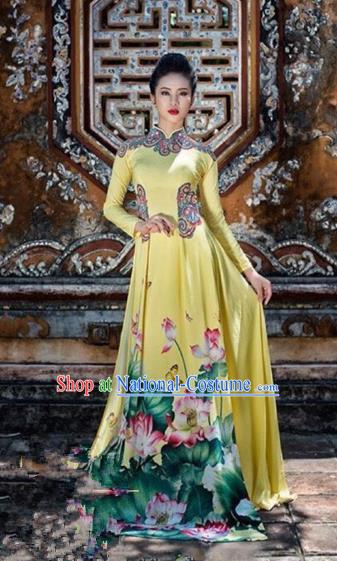 Traditional Top Grade Asian Vietnamese Costumes Classical Hand Painting Lotus Big Swing Full Dress, Vietnam National Ao Dai Dress Catwalks Dowager Yellow Qipao for Women