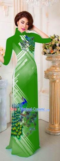 Traditional Top Grade Asian Vietnamese Costumes Classical Printing Peacock Full Dress, Vietnam National Ao Dai Dress Catwalks Princess Green Qipao for Women