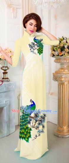 Traditional Top Grade Asian Vietnamese Costumes Classical Printing Peacock Full Dress, Vietnam National Ao Dai Dress Catwalks Princess Light Yellow Qipao for Women