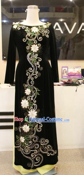 Traditional Top Grade Asian Vietnamese Costumes Classical Beading Wedding Pleuche Full Dress, Vietnam National Ao Dai Dress Catwalks Bride Black Qipao for Women