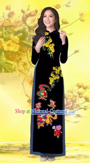 Traditional Top Grade Asian Vietnamese Costumes Classical Printing Flowers Wedding Black Full Dress, Vietnam National Ao Dai Dress Catwalks Bride Qipao for Women