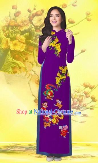 Traditional Top Grade Asian Vietnamese Costumes Classical Printing Flowers Wedding Purple Full Dress, Vietnam National Ao Dai Dress Catwalks Bride Qipao for Women