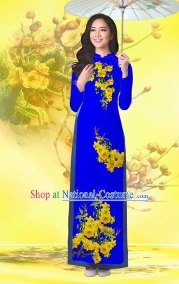 Traditional Top Grade Asian Vietnamese Costumes Classical Printing Flowers Wedding Royalblue Full Dress, Vietnam National Ao Dai Dress Catwalks Bride Qipao for Women