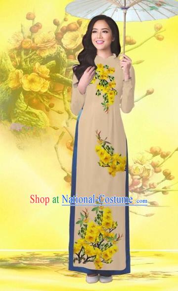 Traditional Top Grade Asian Vietnamese Costumes Classical Printing Flowers Wedding Khaki Full Dress, Vietnam National Ao Dai Dress Catwalks Bride Qipao for Women