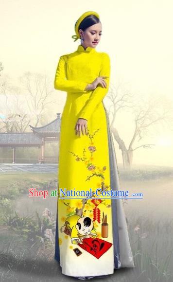 Traditional Top Grade Asian Vietnamese Costumes Classical Printing New Year Full Dress, Vietnam National Ao Dai Dress Catwalks Yellow Qipao for Women