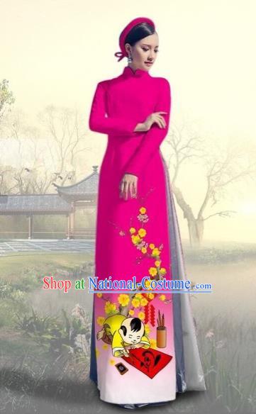 Traditional Top Grade Asian Vietnamese Costumes Classical Printing New Year Full Dress, Vietnam National Ao Dai Dress Catwalks Rosy Qipao for Women