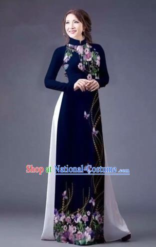 Traditional Top Grade Asian Vietnamese Costumes Classical Printing Flowers Full Dress, Vietnam National Ao Dai Dress Catwalks Navy Qipao for Women