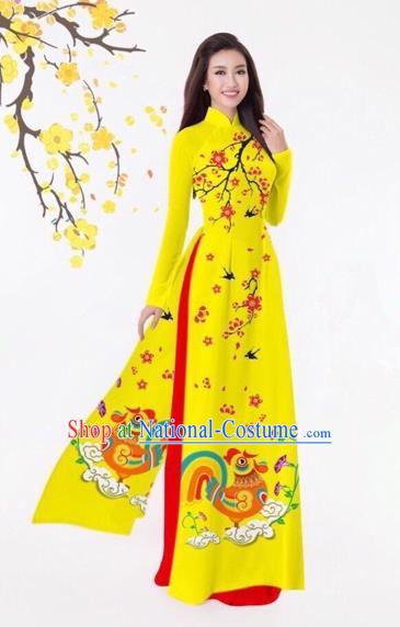 Traditional Top Grade Asian Vietnamese Costumes Classical Printing Yellow Full Dress, Vietnam National Ao Dai Dress Catwalks Debutante Qipao for Women