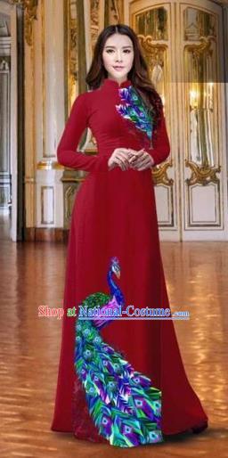 Traditional Top Grade Asian Vietnamese Costumes Classical Printing Peacock Wine Red Full Dress, Vietnam National Ao Dai Dress Catwalks Debutante Qipao for Women