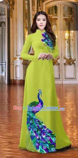 Traditional Top Grade Asian Vietnamese Costumes Classical Printing Peacock Kelly Full Dress, Vietnam National Ao Dai Dress Catwalks Debutante Qipao for Women