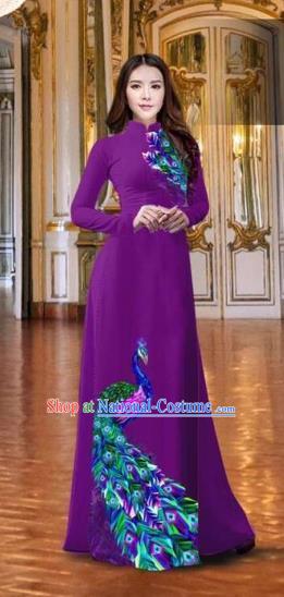 Traditional Top Grade Asian Vietnamese Costumes Classical Printing Peacock Purple Full Dress, Vietnam National Ao Dai Dress Catwalks Debutante Qipao for Women