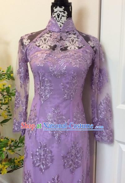 Traditional Top Grade Asian Vietnamese Costumes Classical Purple Lace Full Dress, Vietnam National Ao Dai Dress Catwalks Debutante Qipao for Women