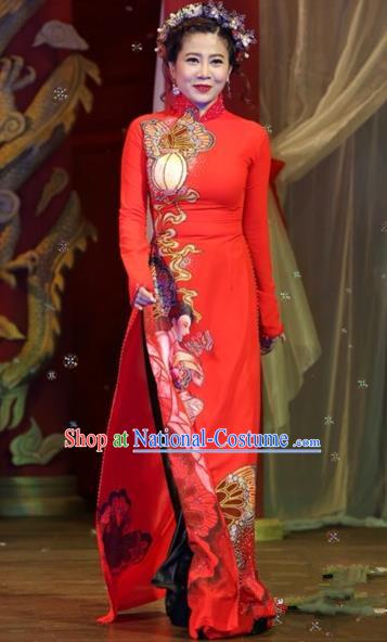 Traditional Top Grade Asian Vietnamese Costumes Classical Printing Wedding Full Dress, Vietnam National Ao Dai Dress Bride Red Stand Collar Qipao for Women