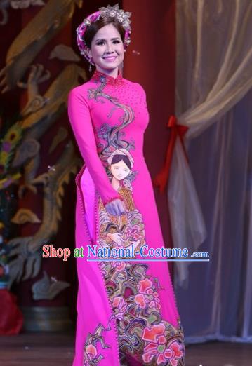 Traditional Top Grade Asian Vietnamese Costumes Classical Printing Wedding Full Dress, Vietnam National Ao Dai Dress Bride Rosy Stand Collar Qipao for Women