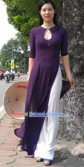 Traditional Top Grade Asian Vietnamese Costumes Classical Full Dress and Loose Pants, Vietnam National Ao Dai Dress Purple Qipao for Women