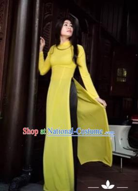 Traditional Top Grade Asian Vietnamese Costumes Classical Full Dress and Loose Pants, Vietnam National Ao Dai Dress Yellow Qipao for Women