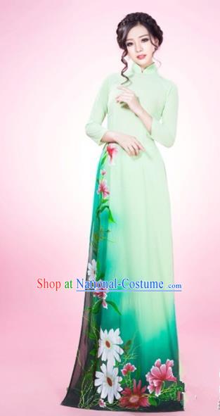 Traditional Top Grade Asian Vietnamese Costumes Classical Silk Full Dress and Loose Pants, Vietnam National Ao Dai Dress Green Qipao for Women