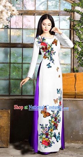 Traditional Top Grade Asian Vietnamese Costumes Classical Love of Butterfly Full Dress, Vietnam National Ao Dai Dress White Qipao for Women