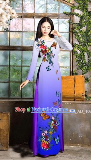 Traditional Top Grade Asian Vietnamese Costumes Classical Love of Butterfly Full Dress, Vietnam National Ao Dai Dress Purple Qipao for Women