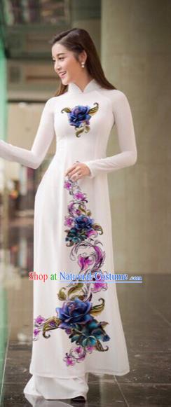 Traditional Top Grade Asian Vietnamese Costumes Classical Printing Flowers Full Dress, Vietnam National Ao Dai Dress White Qipao for Women