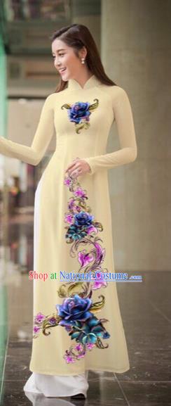 Traditional Top Grade Asian Vietnamese Costumes Classical Printing Flowers Full Dress, Vietnam National Ao Dai Dress Beige Qipao for Women