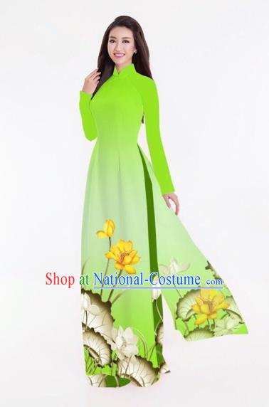 Traditional Top Grade Asian Vietnamese Costumes Classical Printing Lotus Full Dress, Vietnam National Ao Dai Dress Catwalks Light Green Qipao for Women