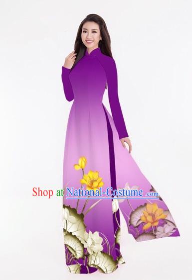 Traditional Top Grade Asian Vietnamese Costumes Classical Printing Lotus Full Dress, Vietnam National Ao Dai Dress Catwalks Purple Qipao for Women