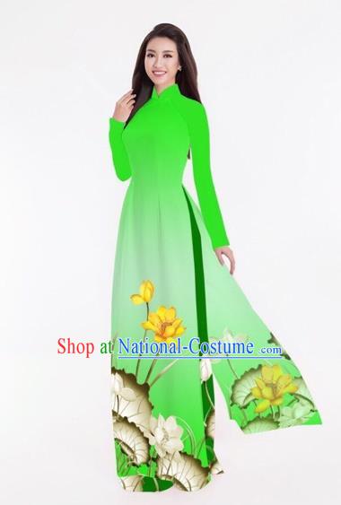 Traditional Top Grade Asian Vietnamese Costumes Classical Printing Lotus Full Dress, Vietnam National Ao Dai Dress Catwalks Green Qipao for Women