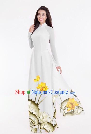 Traditional Top Grade Asian Vietnamese Costumes Classical Printing Lotus Full Dress, Vietnam National Ao Dai Dress Catwalks White Qipao for Women