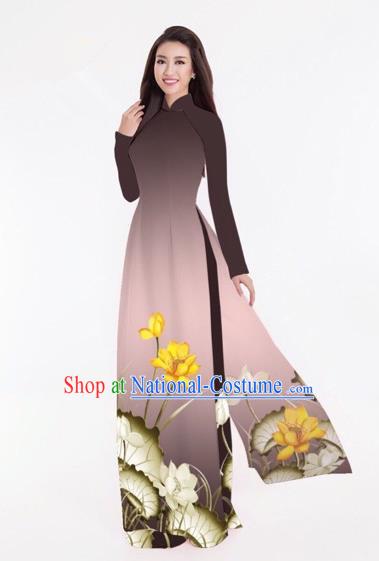 Traditional Top Grade Asian Vietnamese Costumes Classical Printing Lotus Full Dress, Vietnam National Ao Dai Dress Catwalks Coffee Qipao for Women