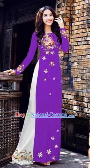 Traditional Top Grade Asian Vietnamese Costumes Classical Printing Peony Pattern Full Dress, Vietnam National Ao Dai Dress Catwalks Purple Qipao for Women