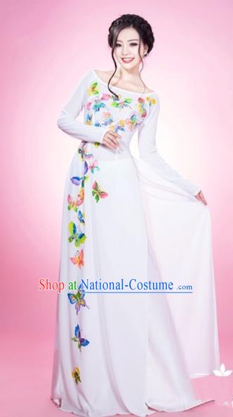 Traditional Top Grade Asian Vietnamese Costumes Classical Printing Butterfly Full Dress and Loose Pants, Vietnam National Ao Dai Dress White Qipao for Women