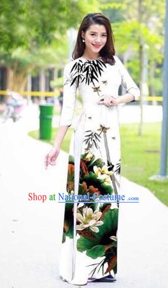 Traditional Top Grade Asian Vietnamese Costumes Classical Ink Painting Flowers Full Dress, Vietnam National Ao Dai Dress Catwalks White Qipao for Women