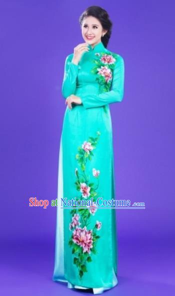 Traditional Top Grade Asian Vietnamese Costumes Classical Painting Flowers Full Dress, Vietnam National Ao Dai Dress Catwalks Blue Qipao for Women