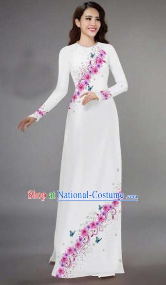 Traditional Top Grade Asian Vietnamese Costumes Classical Printing Full Dress, Vietnam National Ao Dai Dress Catwalks White Qipao for Women