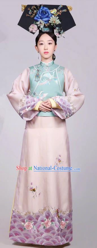 Traditional Chinese Ancient Qing Dynasty Imperial Princess Costume and Headwear Complete Set, Above The Clouds Chinese Mandarin Robes Palace Lady Embroidered Clothing for Women